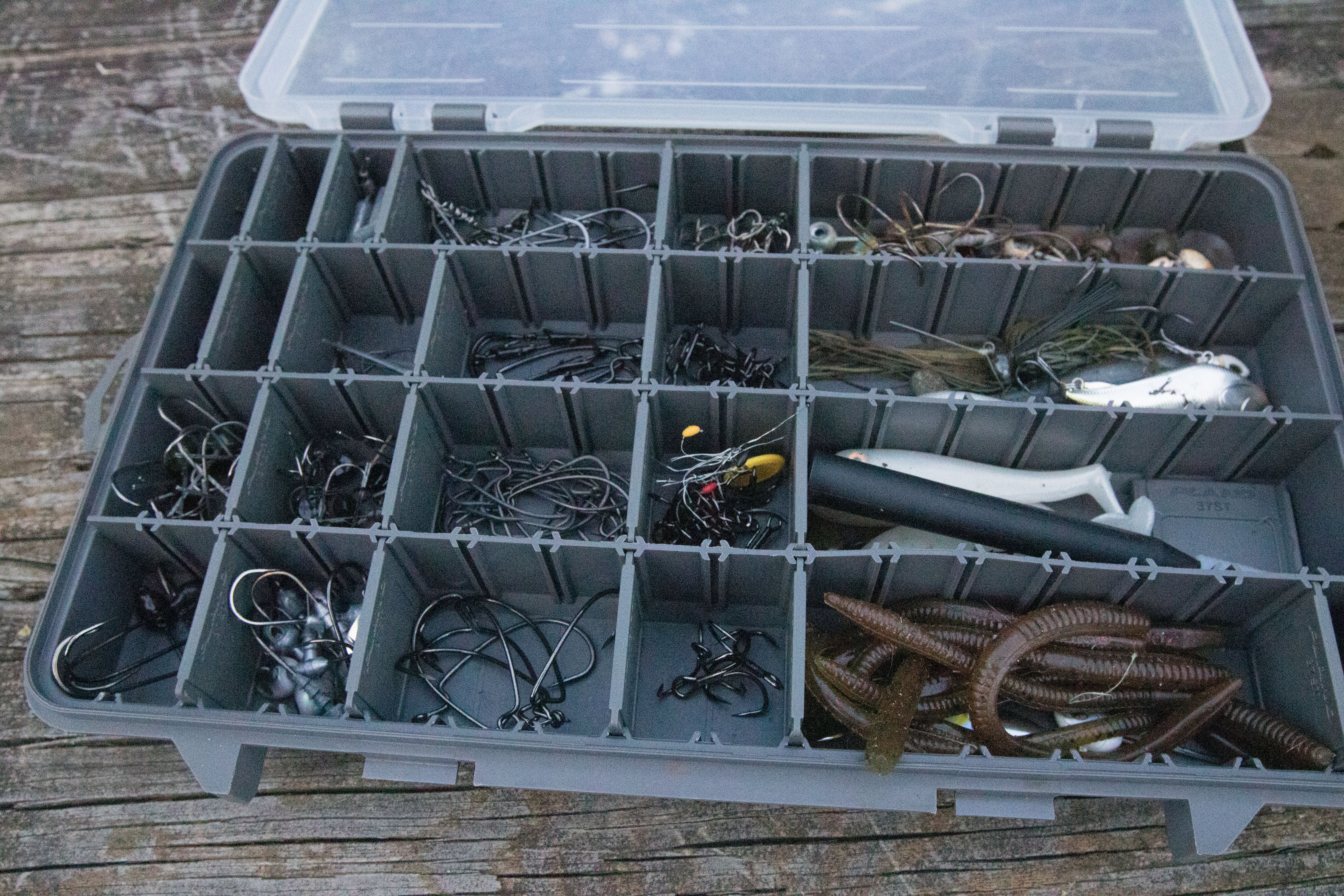 A tackle tray out of the Plano Guide Series Stowaway Rack System.