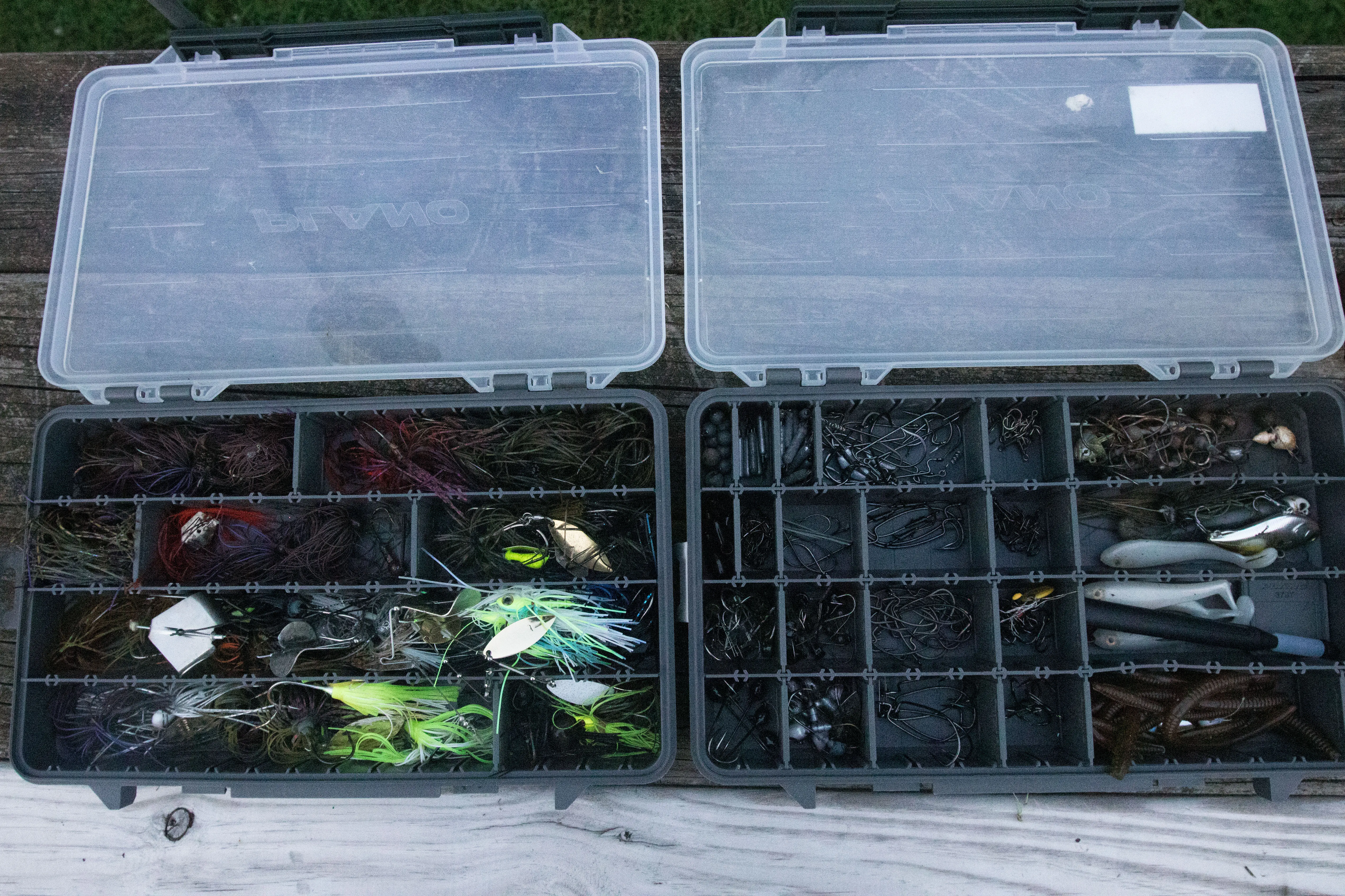 Bass lures in tackle boxes