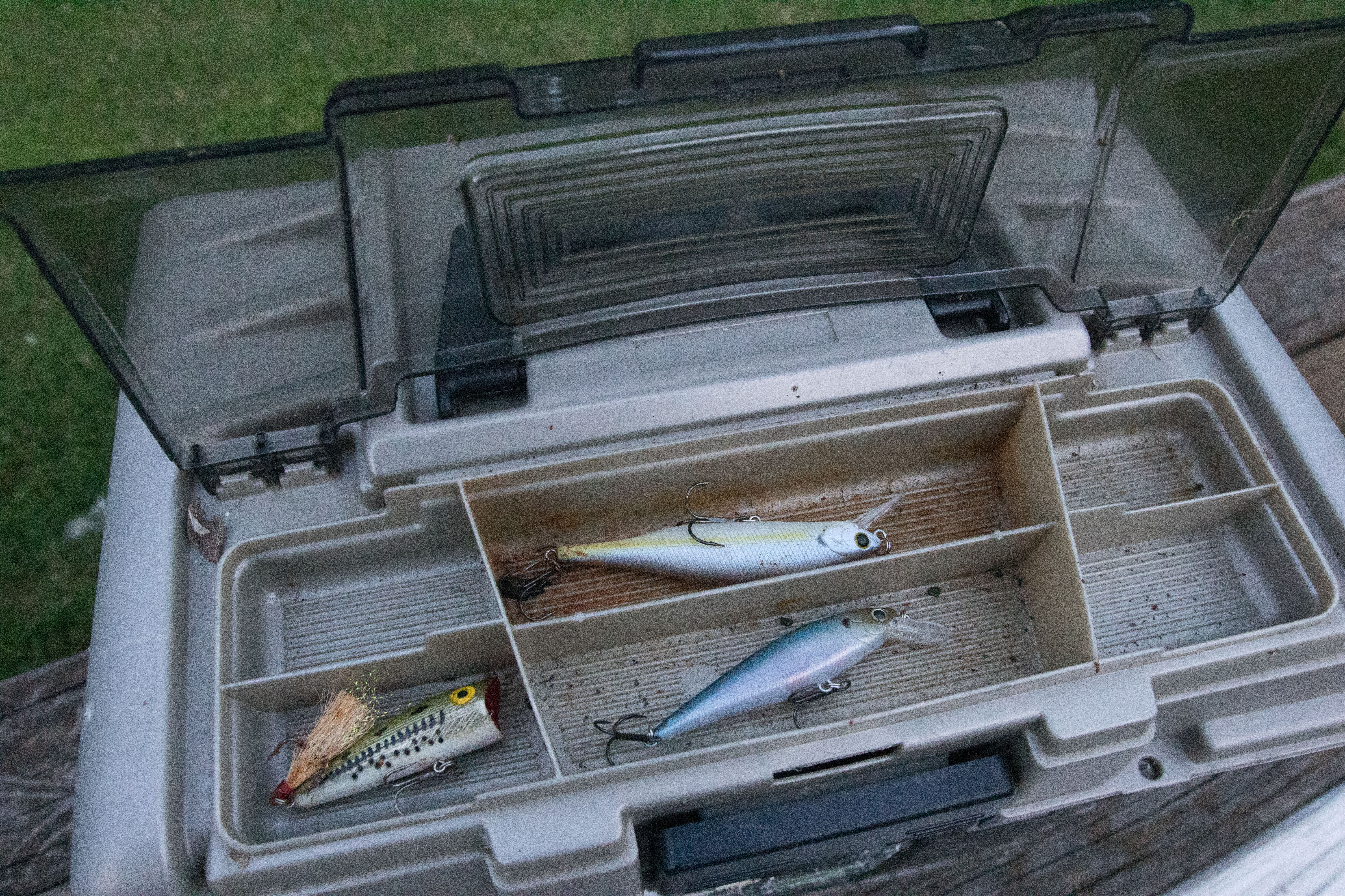 Bass fishing lures in a tackle box