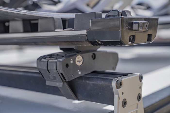 Close-up of the locking mechanism of the Kuat Grip 6 Ski/Snowboard Rack