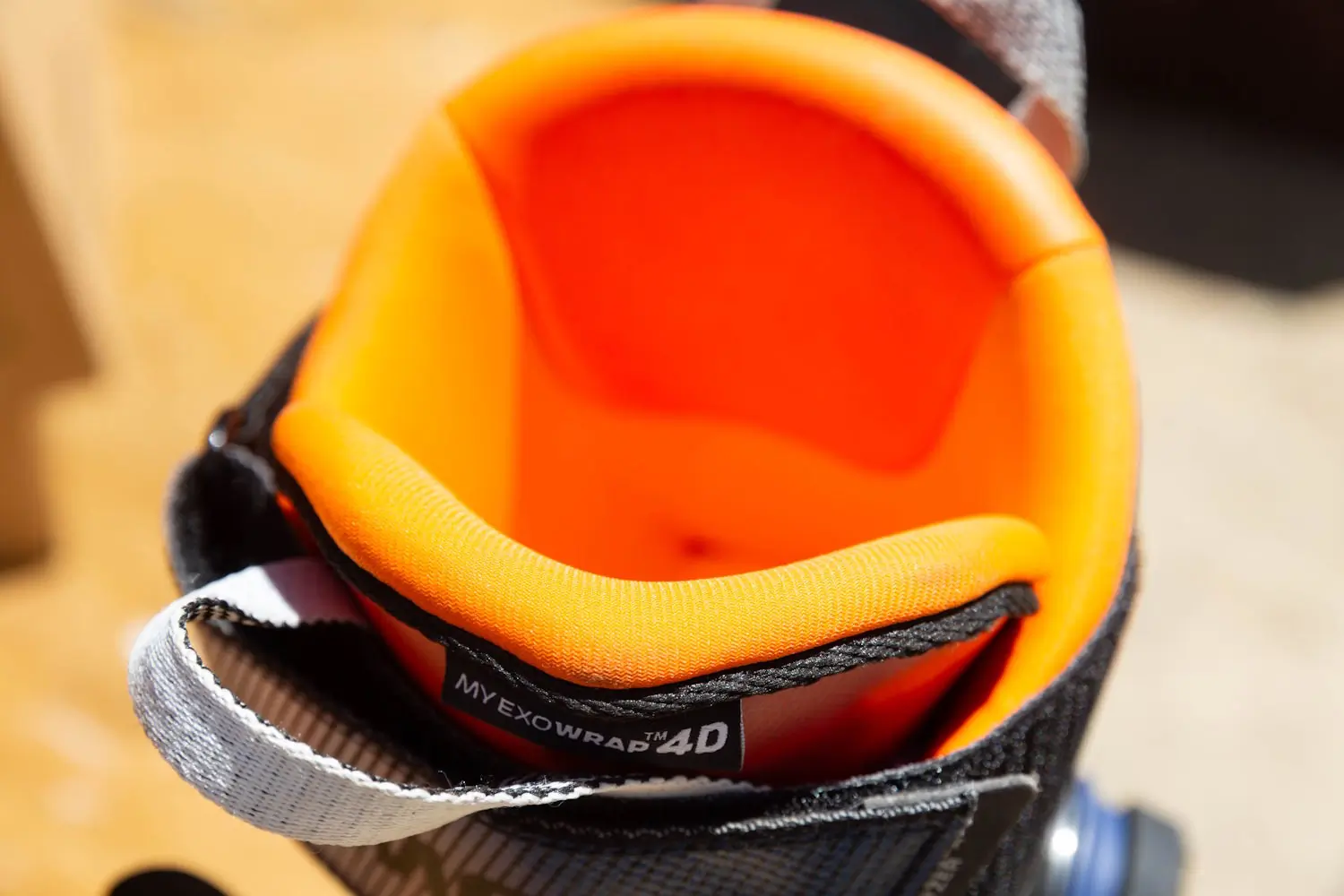 Close-up of the My Exowrap 4D liner inside the Salomon S/Pro Supra 120 Ski Boot.