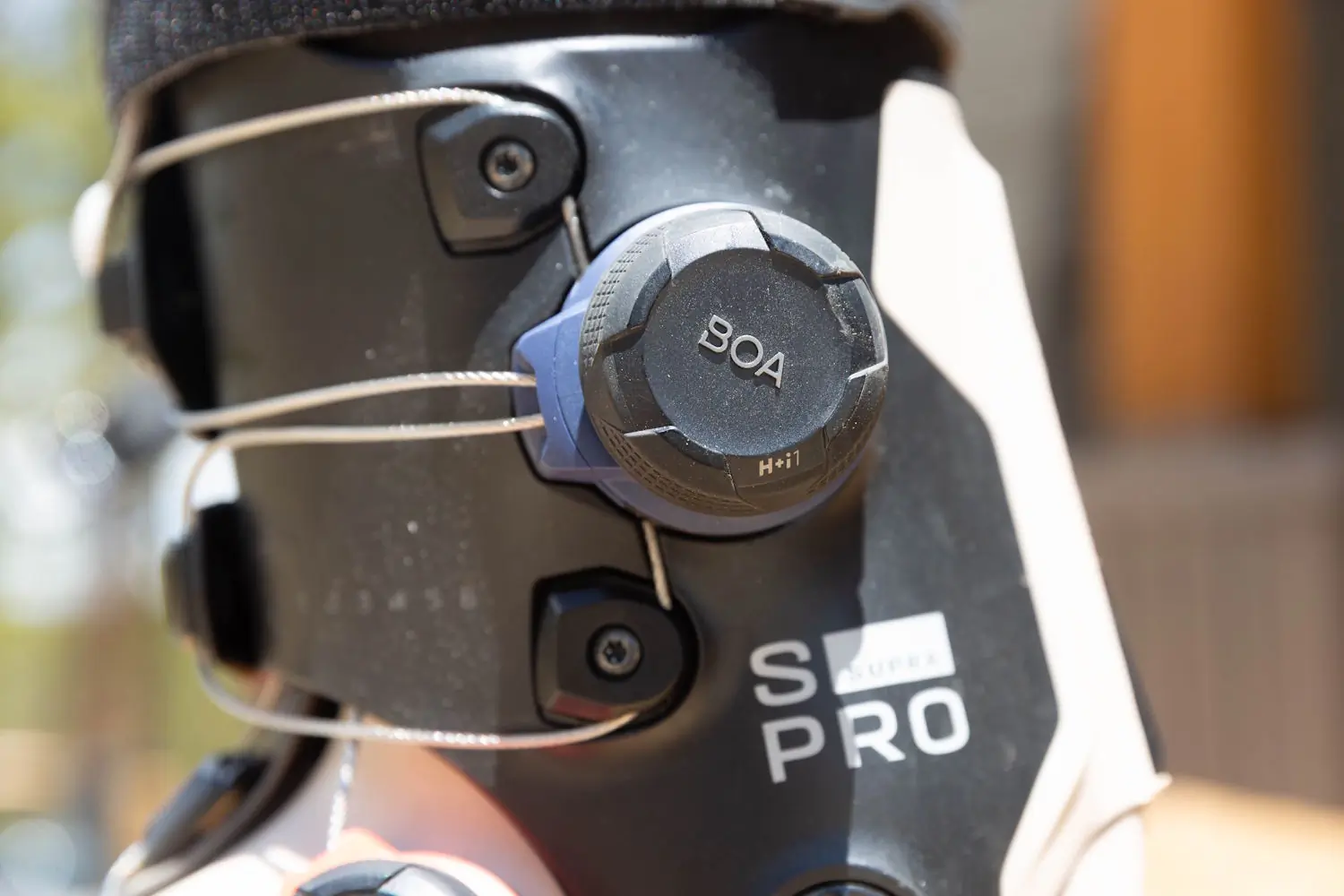Close-up of the BOA fit system on the Salomon S/Pro Supra 120 Ski Boots.