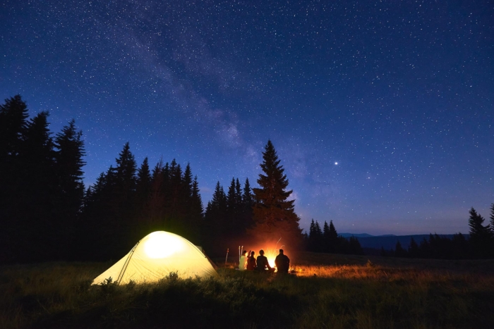 Night,Camping,Near,Fire,,Forest,And,Mountains,On,Background.,Group