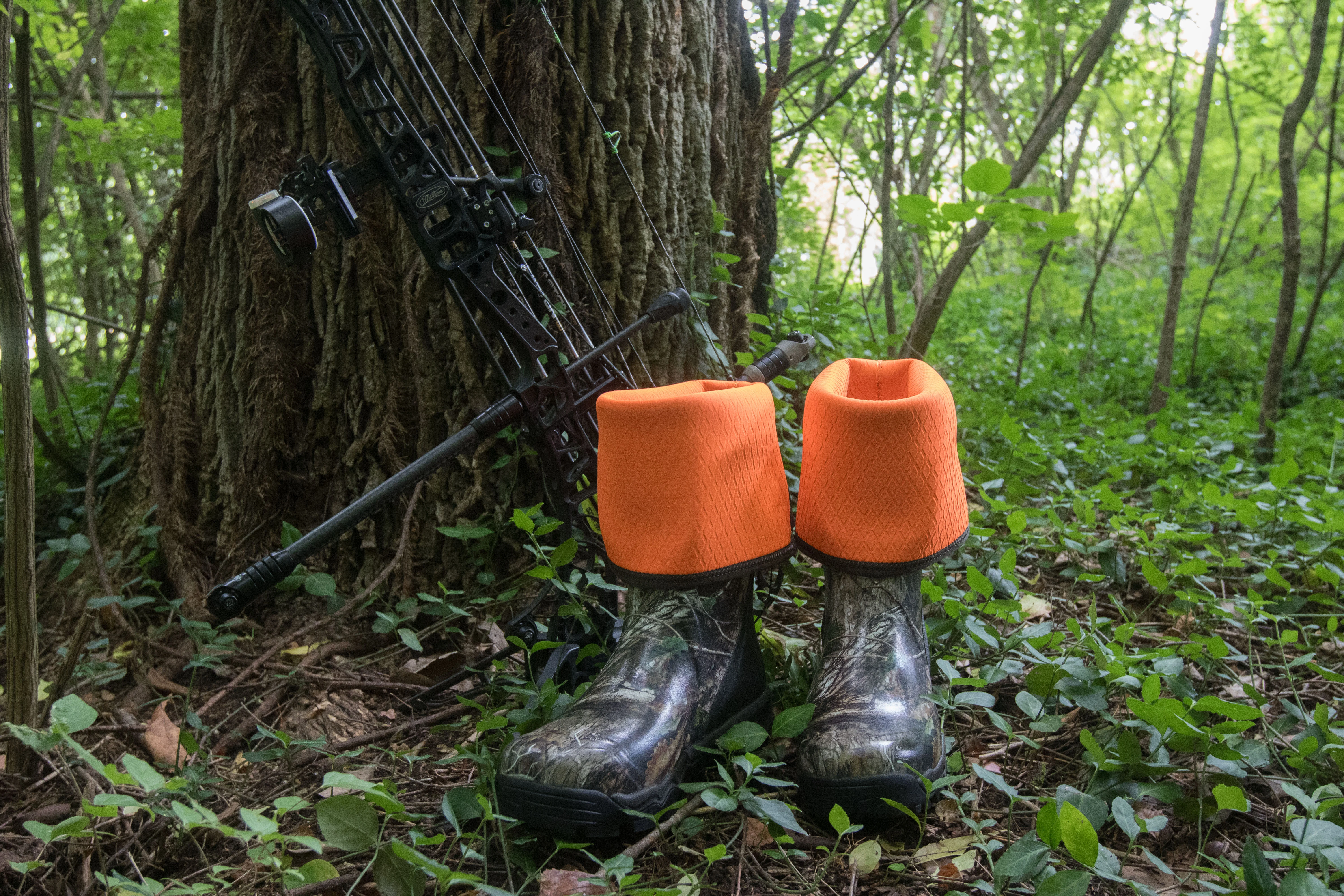 Rubber boots next to a bow in the wood
