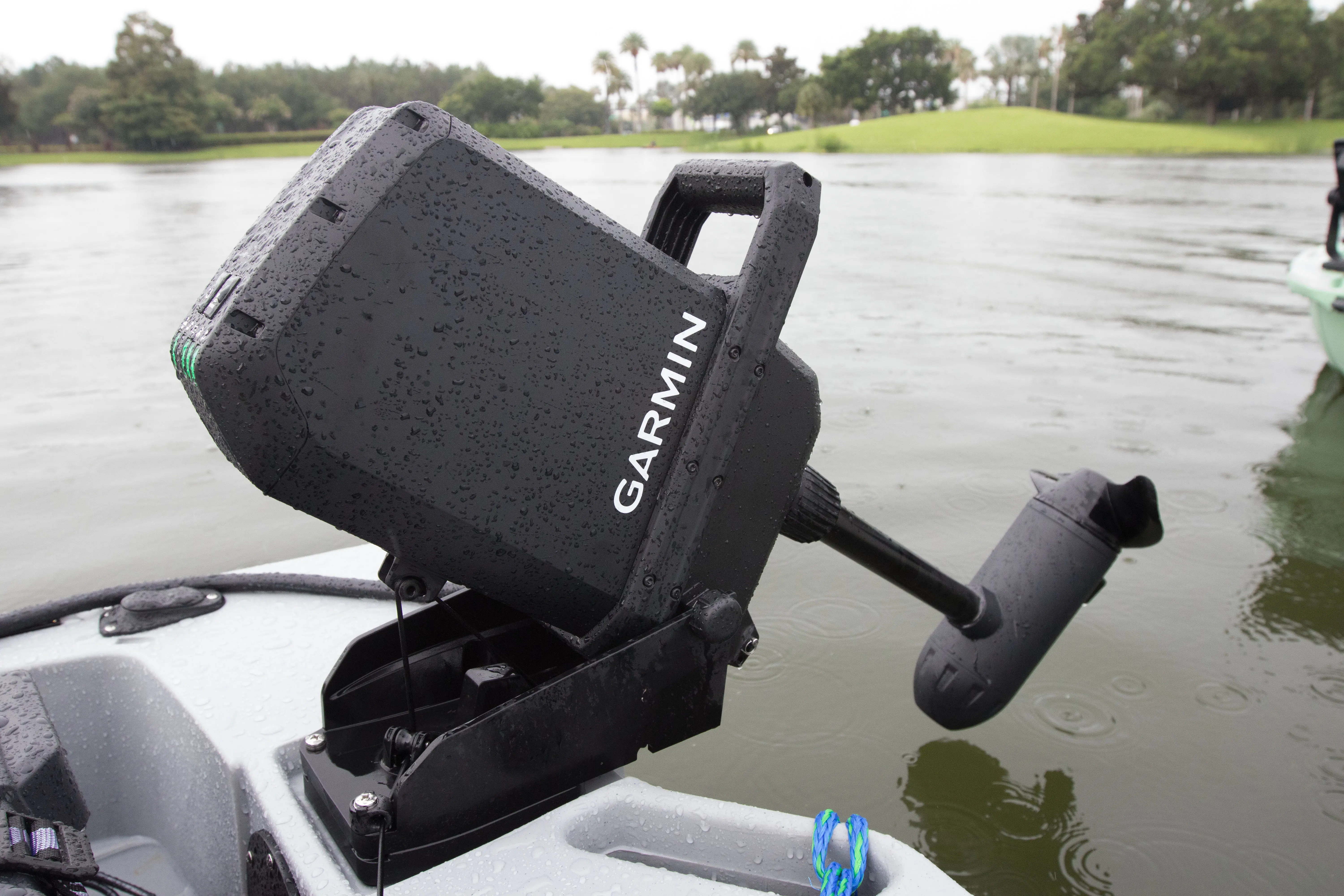 The Garmin Force Current on the back of a kayak