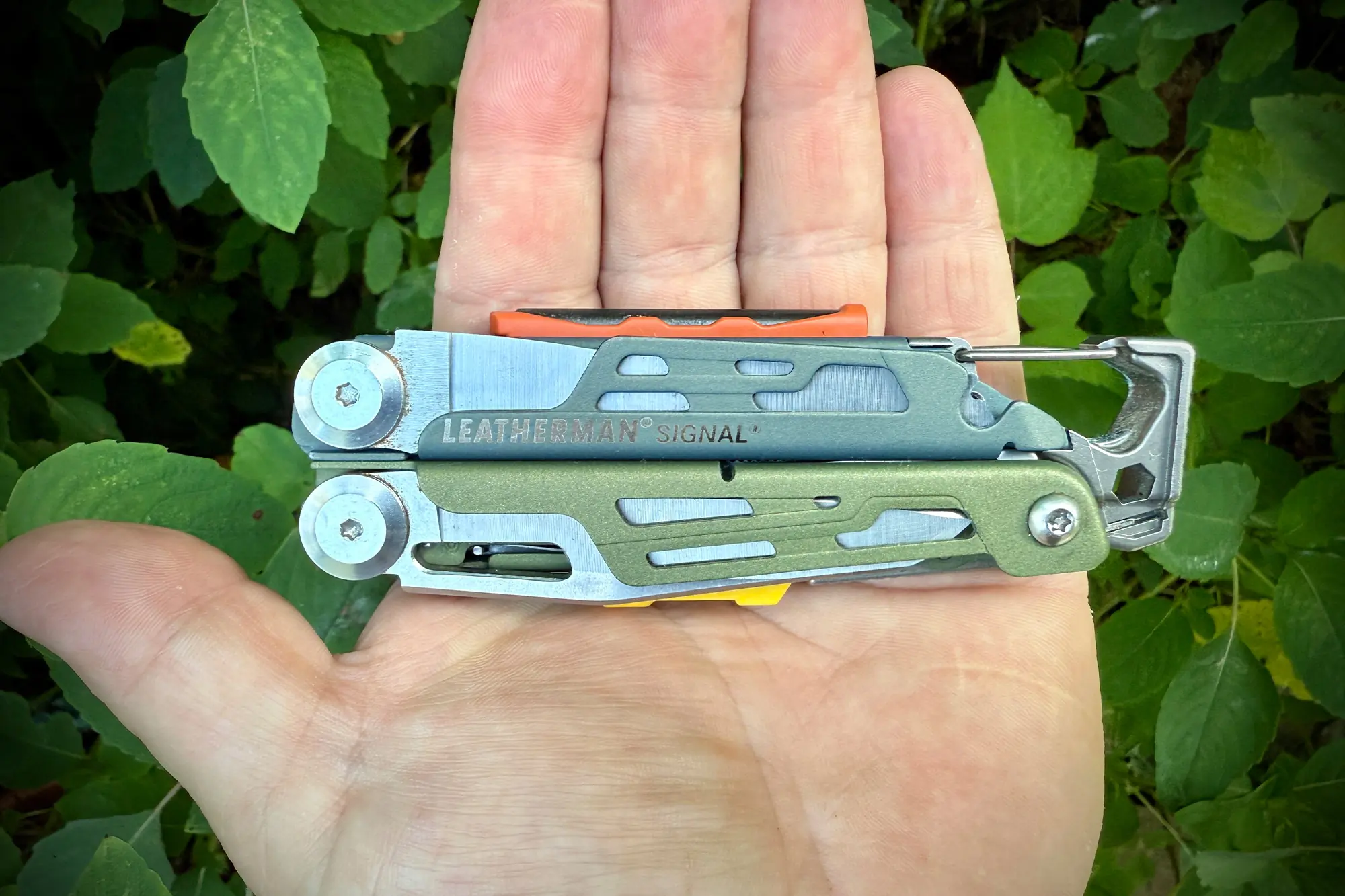 Leatherman Signal folded and resting in an open hand