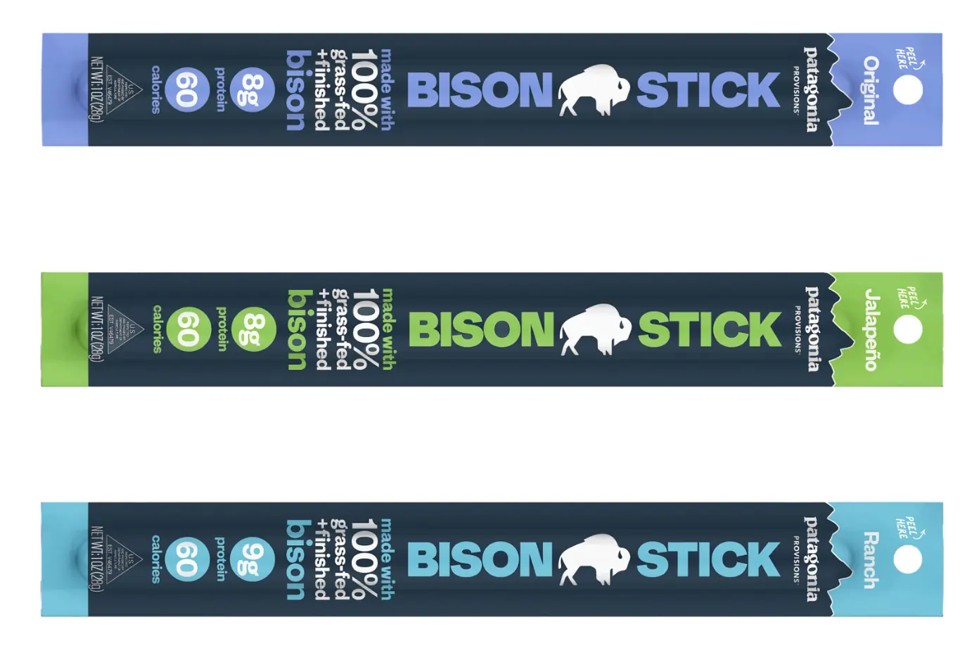 Three horizontally-oriented Bison sticks in packaging