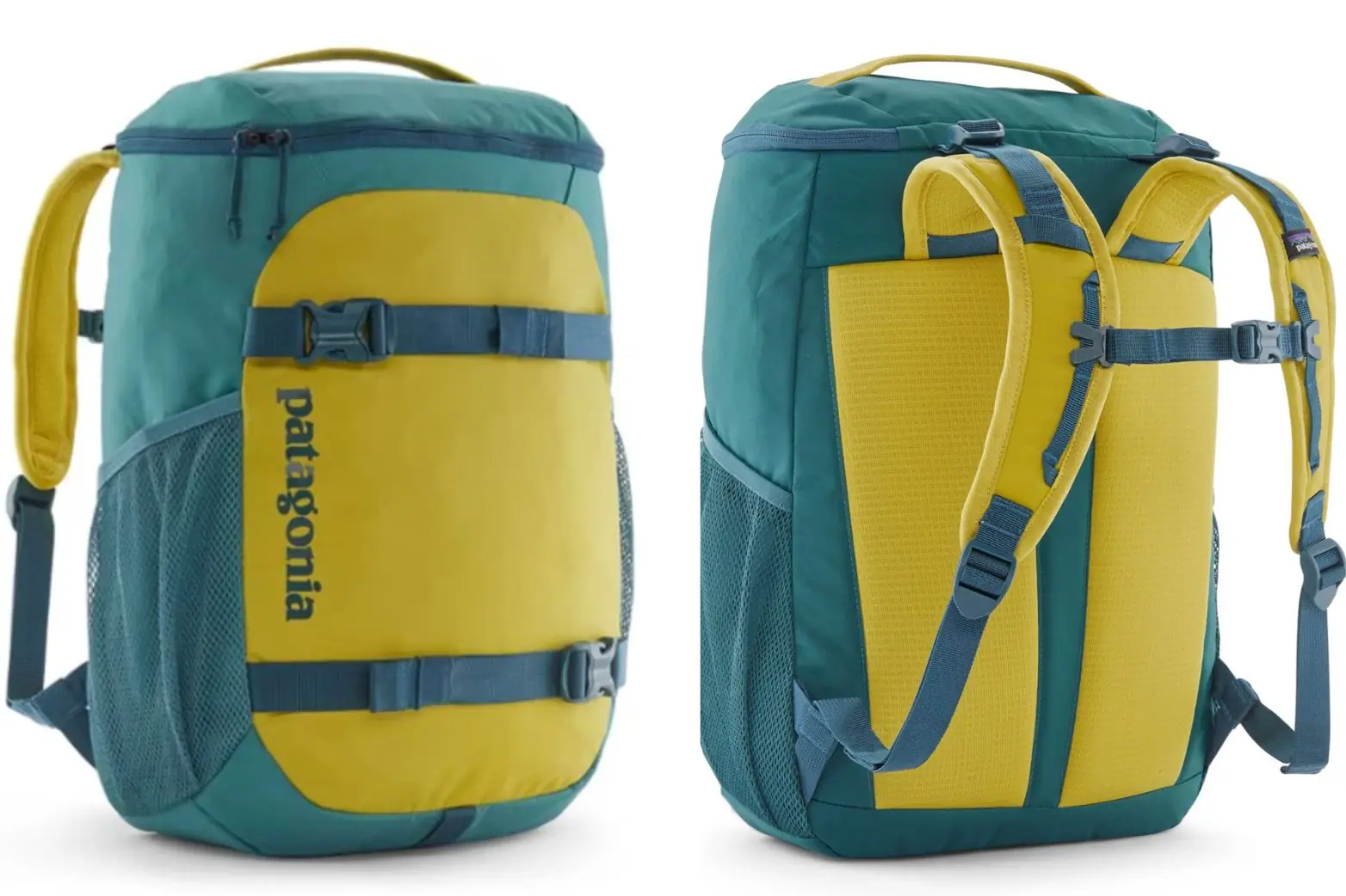 Side by Side of blue and yellow backpack, showing front and rear of the bag 