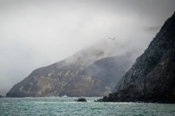 View of the coastline of Channel Islands with oceans and fog