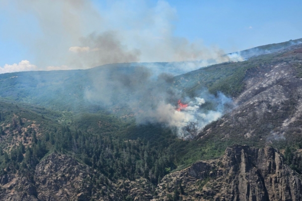 Mountain ride with forests with smoke and fire visible