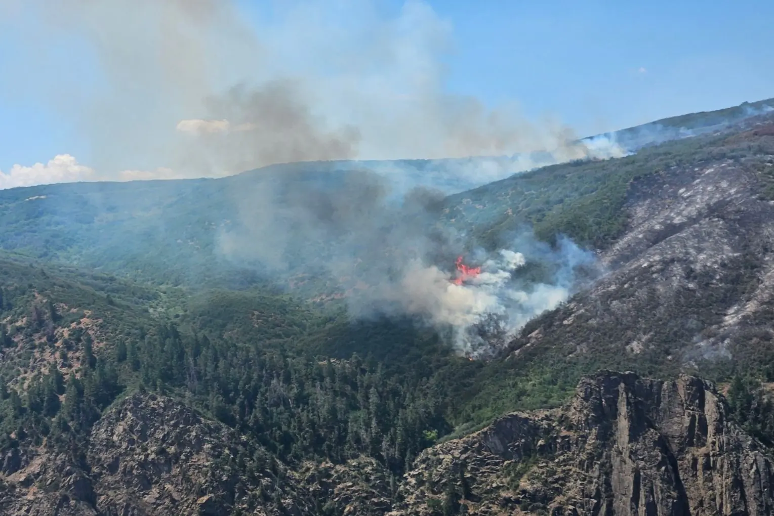 Mountain ride with forests with smoke and fire visible 