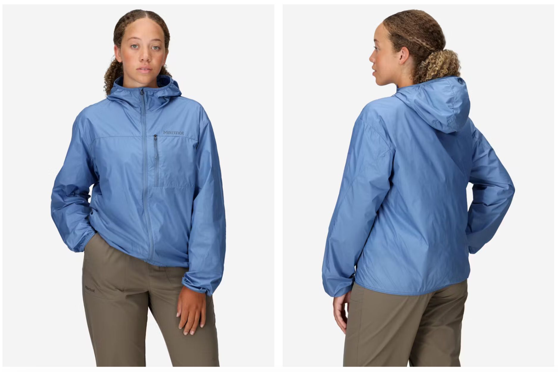 Woman wearing Marmot Superalloy Bio Wind Jacket in blue
