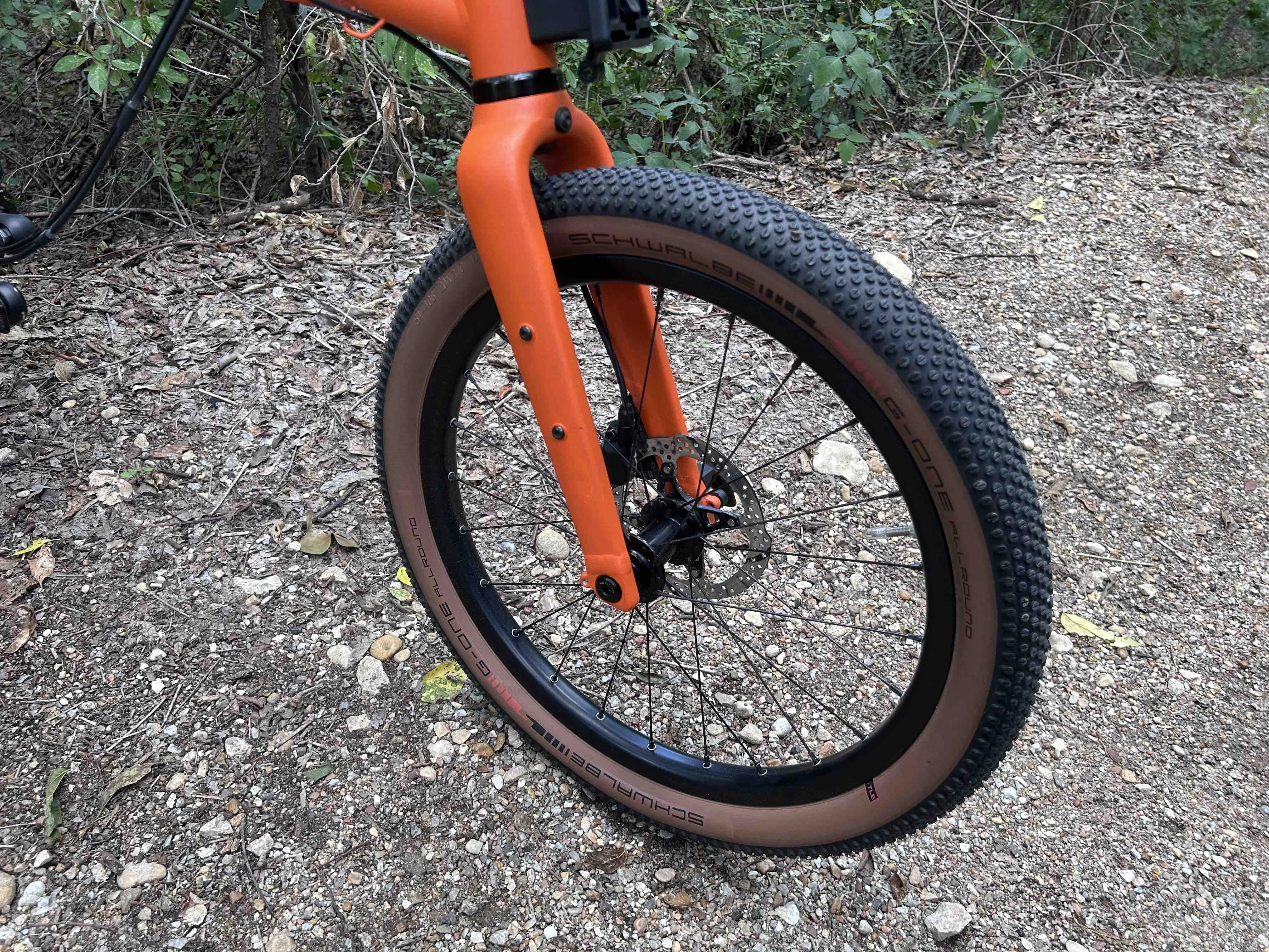 Brompton G-Line folding bike front tire detail image.
