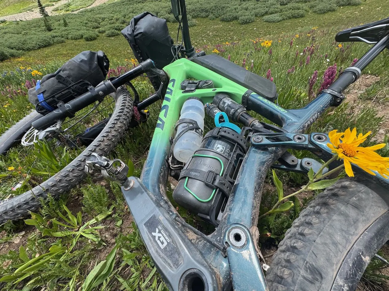 Salsa Blackthorn 125 resting in wildflowers with full gear setup