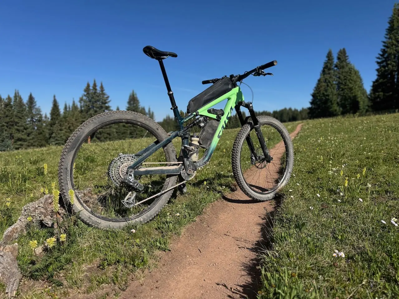 Salsa Blackthorn 125 on a dirt trail through a grassy meadow