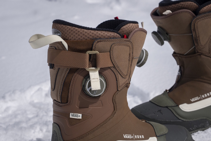 Closeup of Brown Vans Viaje Range Edition snowboard boots with dual Boa dials