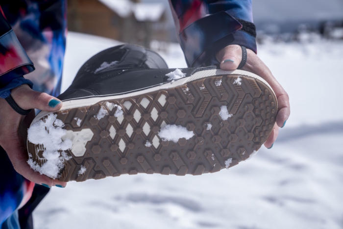 Close-up of the Vans Women's Encore Pro Snowboard Boot sole in the snow.