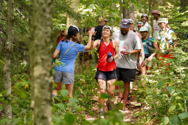 Tara Dower cheered on by fans during her 272-mile run along Vermont’s Long Trail; (photo/Pete Schreiner)