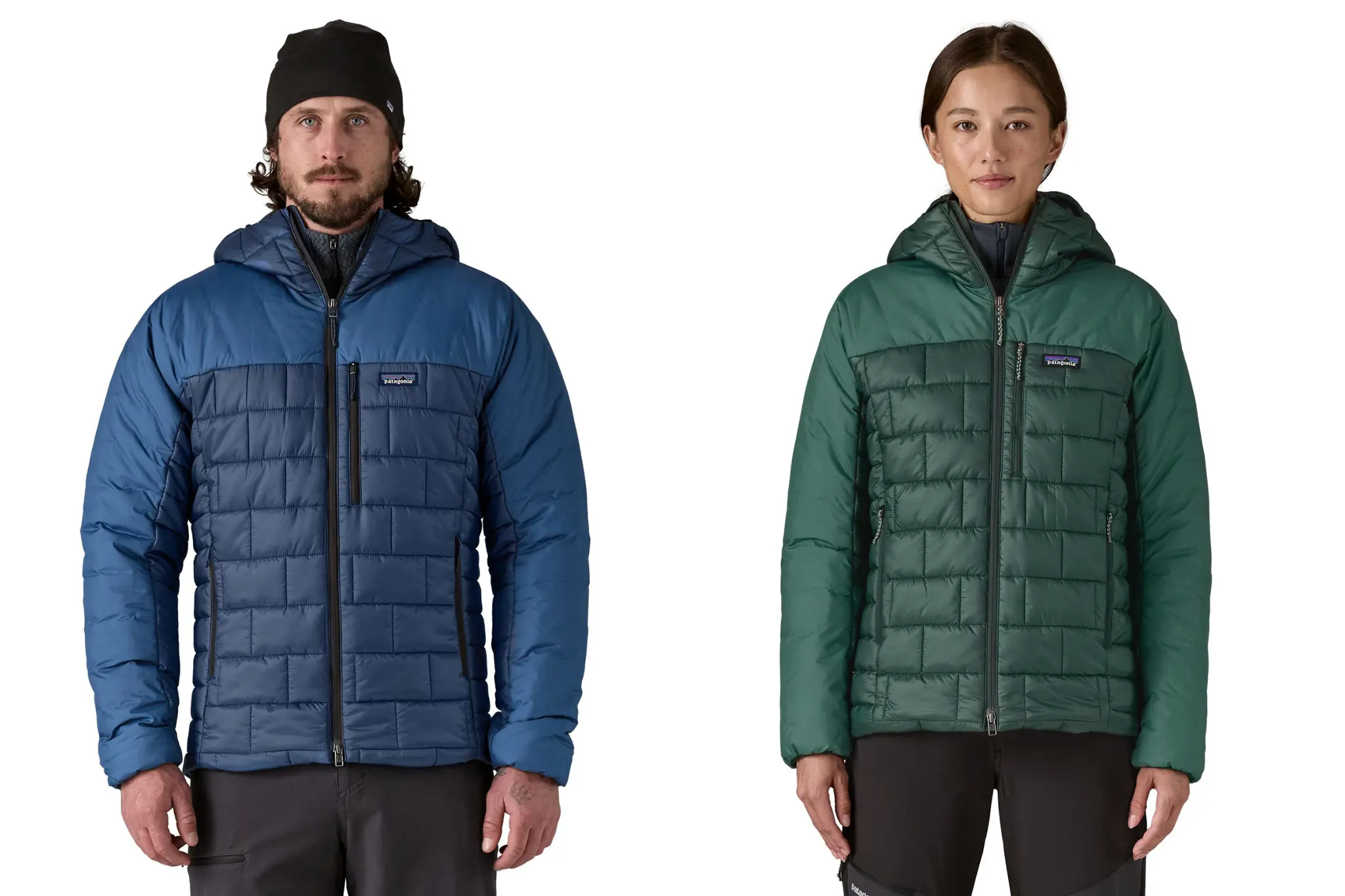 Man in blue jacket stands by side with woman in green jacket