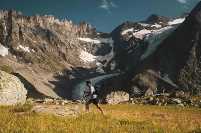 Man carrying trekking poles crosses meadow with snowy mountains in background