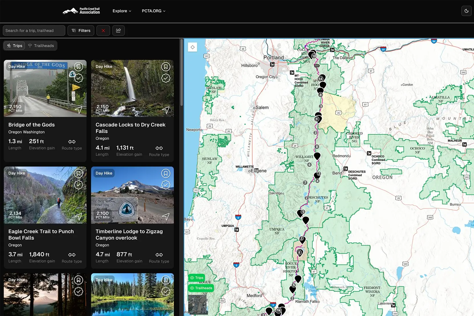 Web page shows digital map on right and tiles with different hikes on the left 