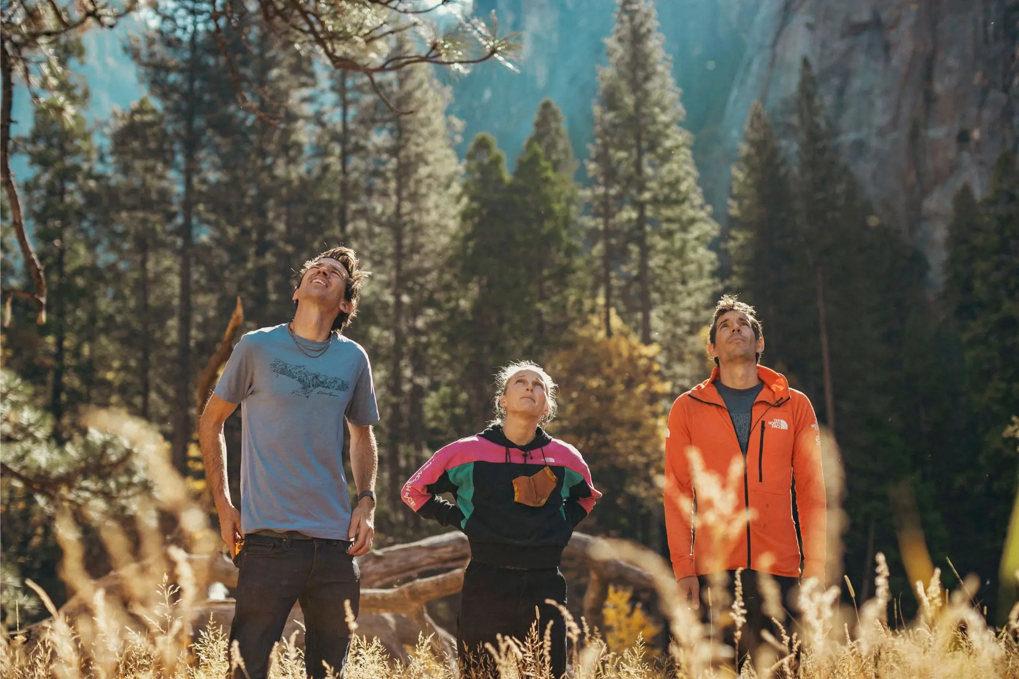 Three people stand in a meadow in front of a forest.