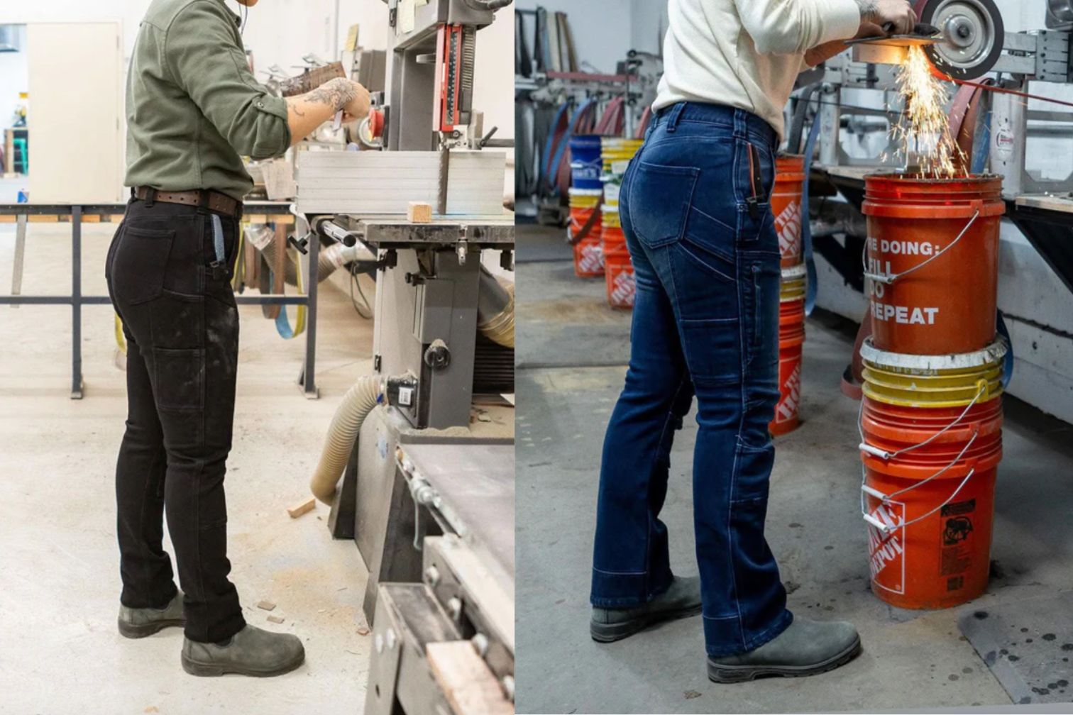 side by side of people wearing pants and boots in workshops