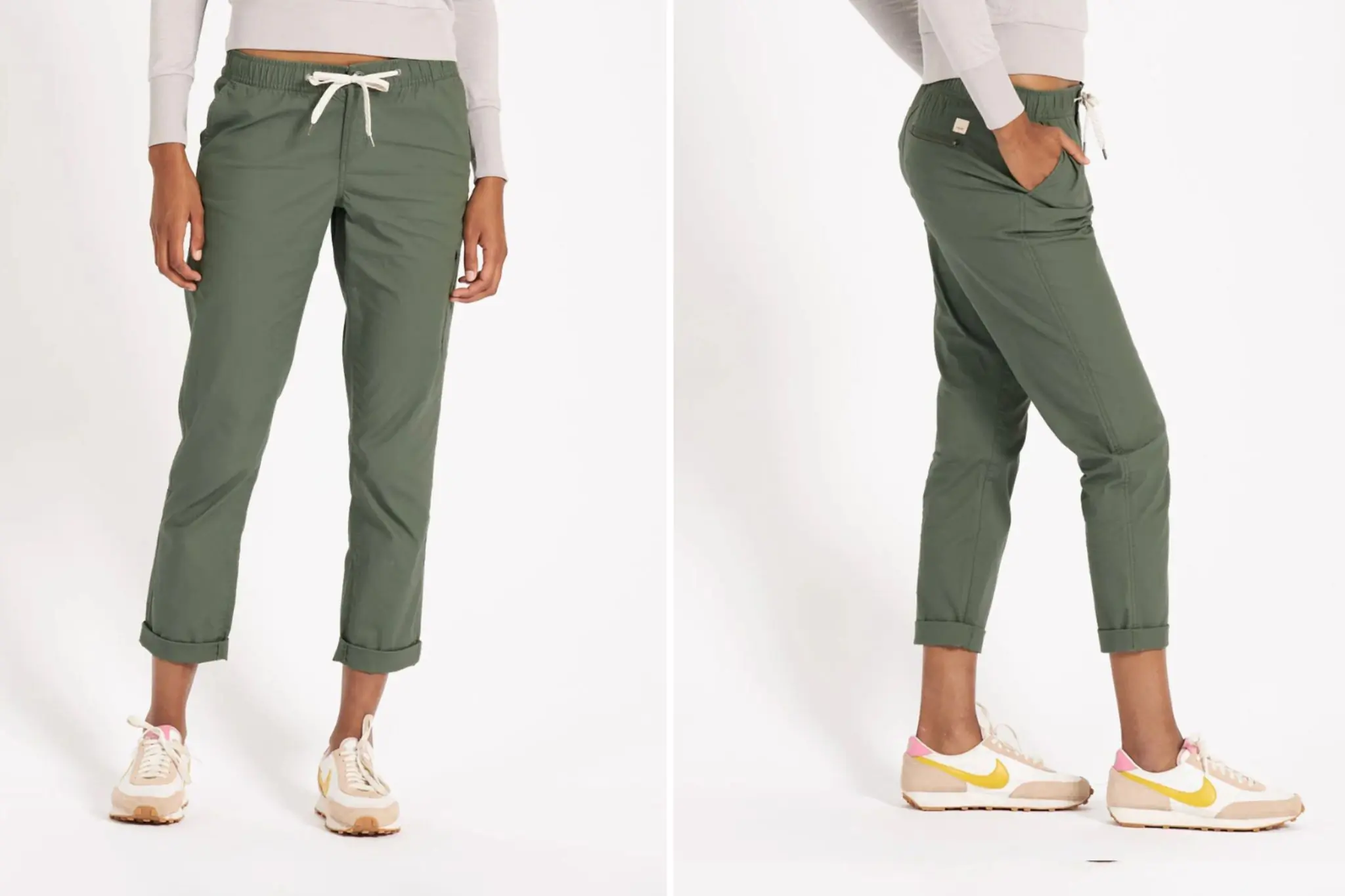 Side by side of woman wearing green athletic pants