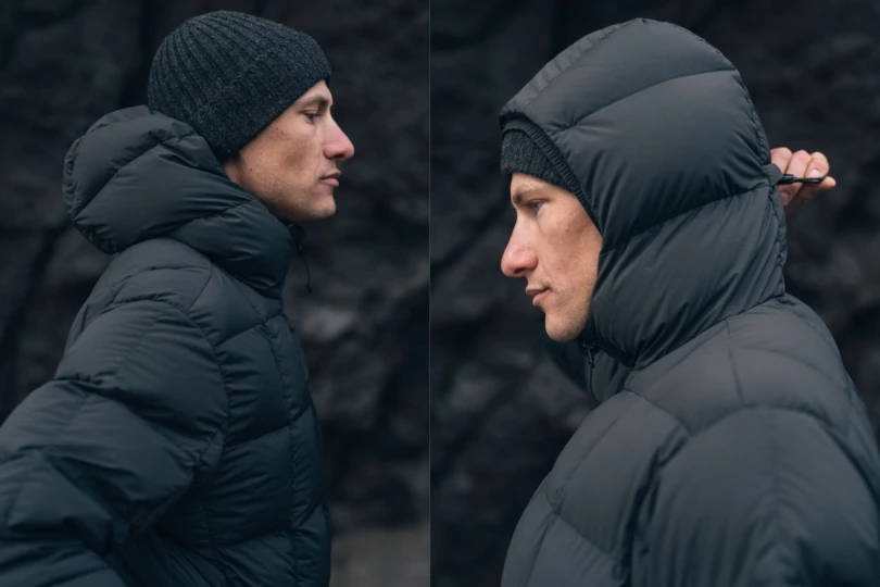 Side by side of person wearing black down jacket
