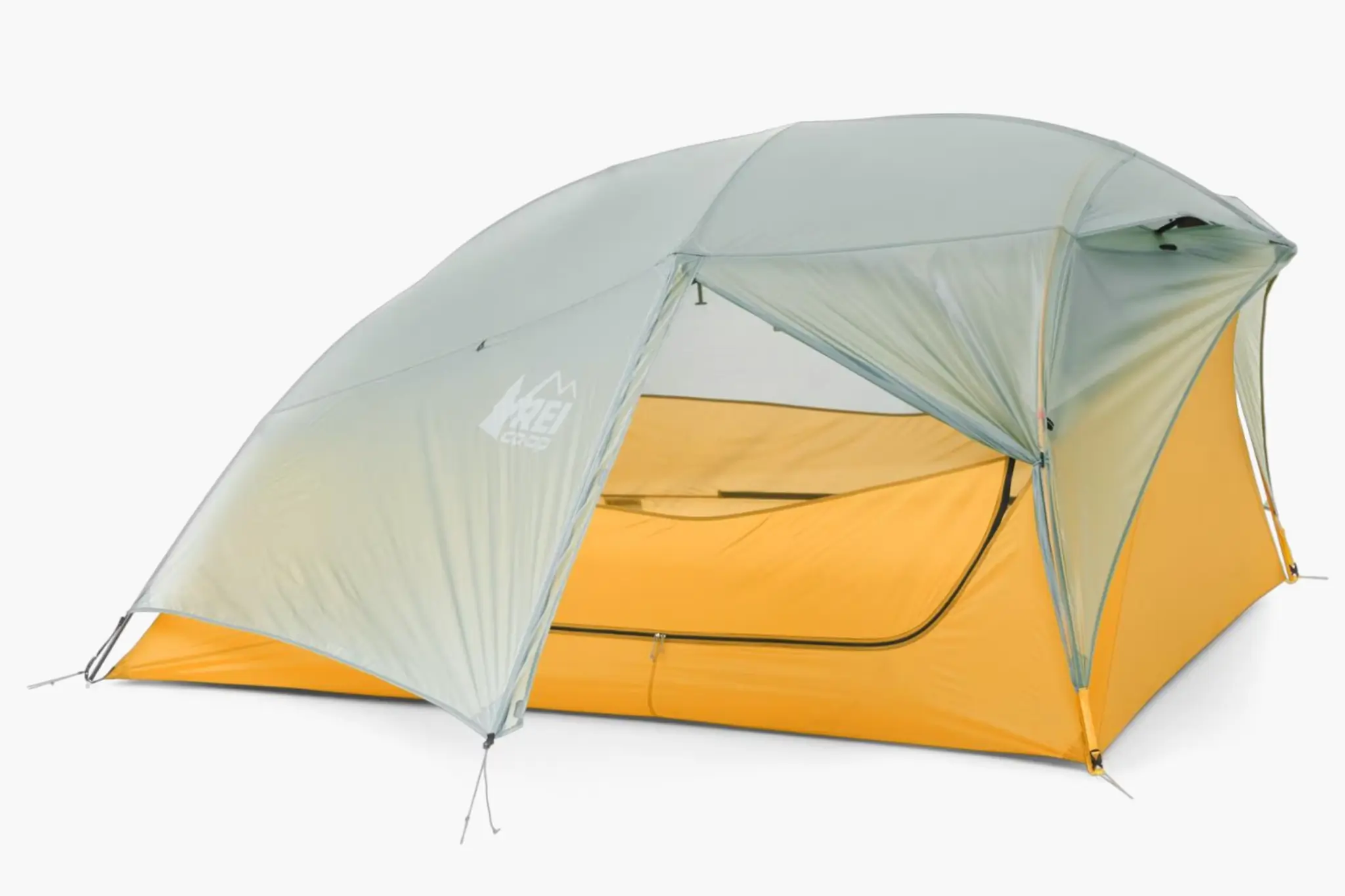 Yellow and light blue REI tent set up. 