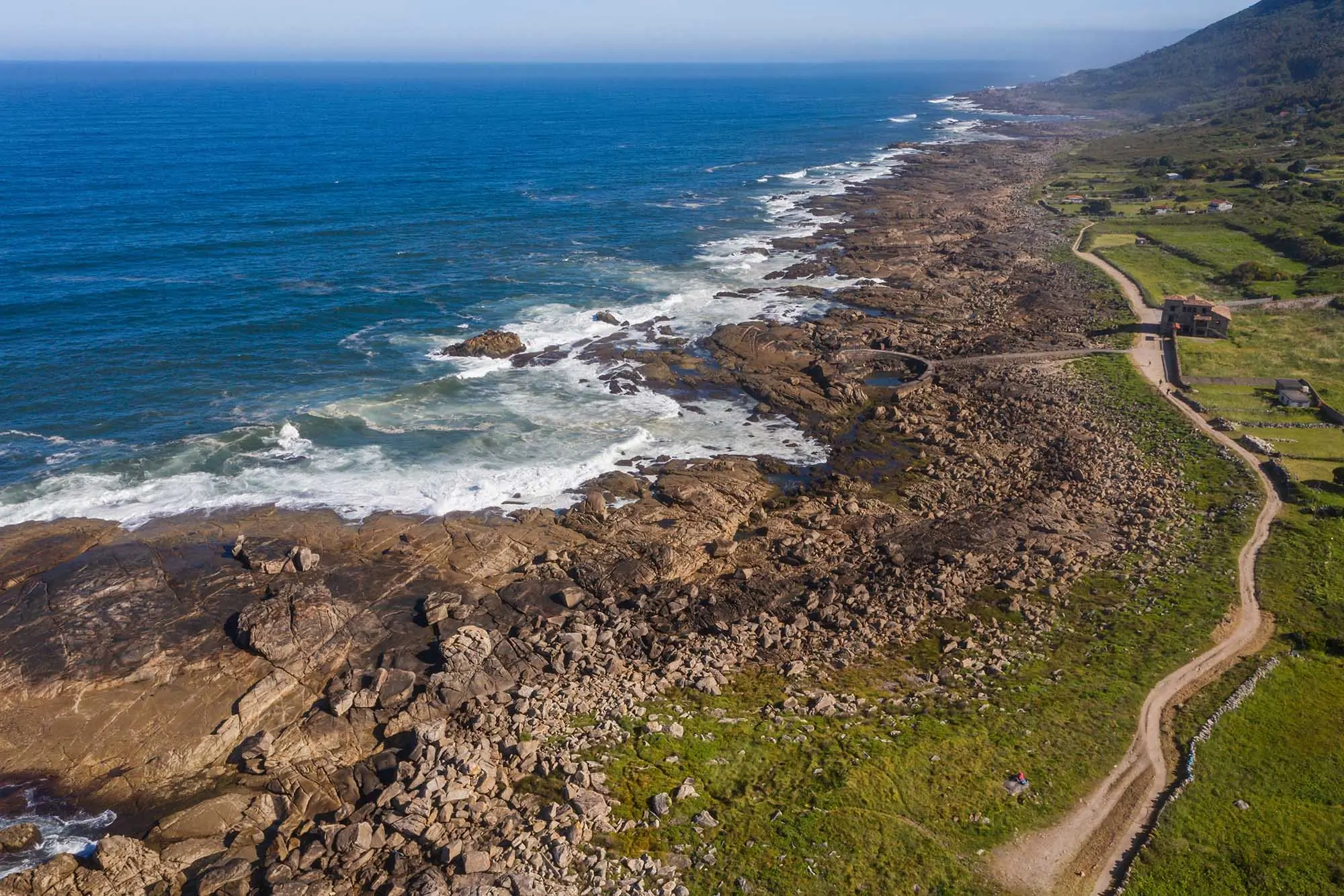 Aerial,Shot,View,Of,Camino,Portuguese,Country,Path,Leading,Along
