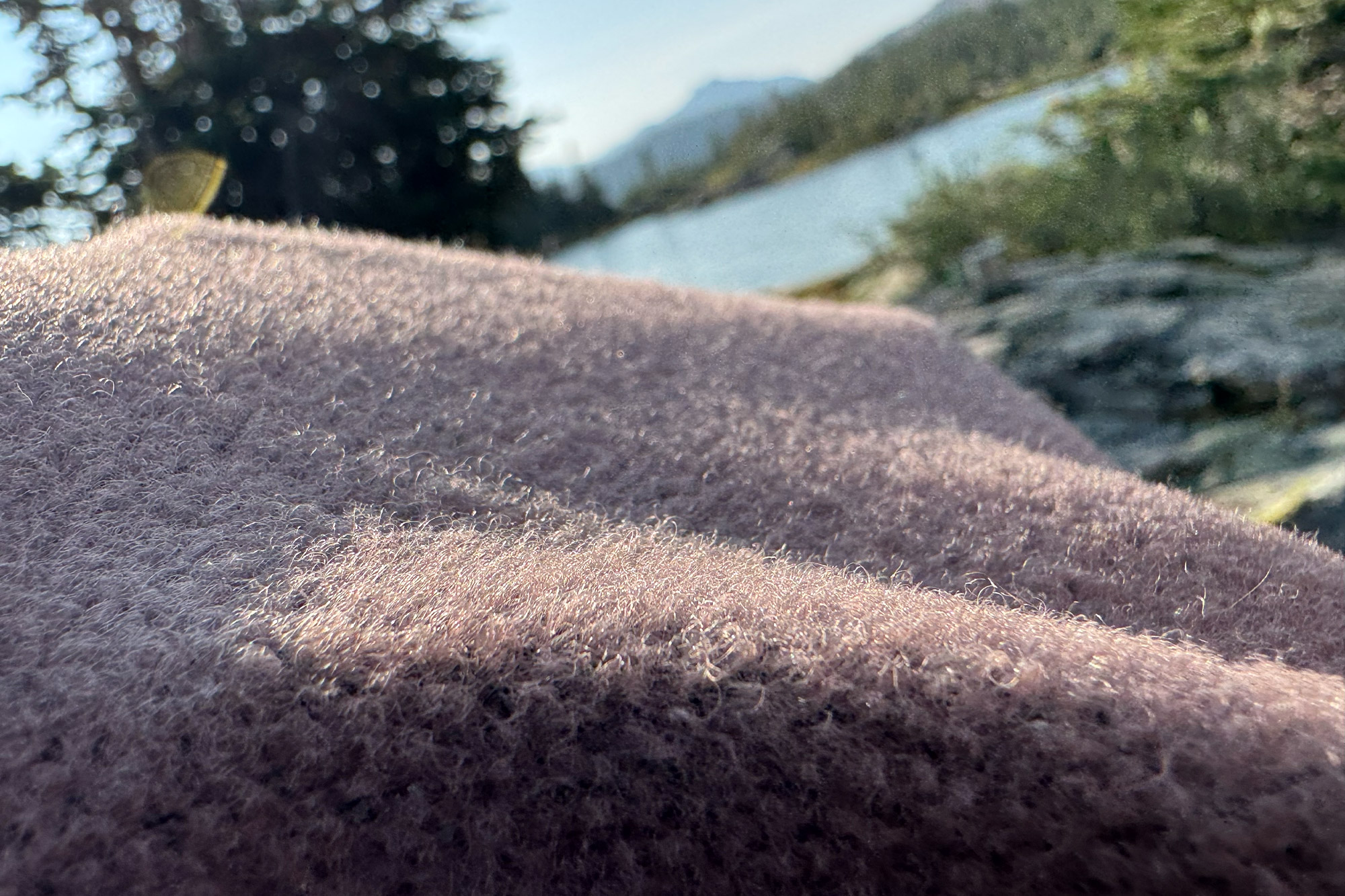 Closeup of the fuzzy side of the Mountain Hardwear Airmesh Hoody fabric in outdoor light