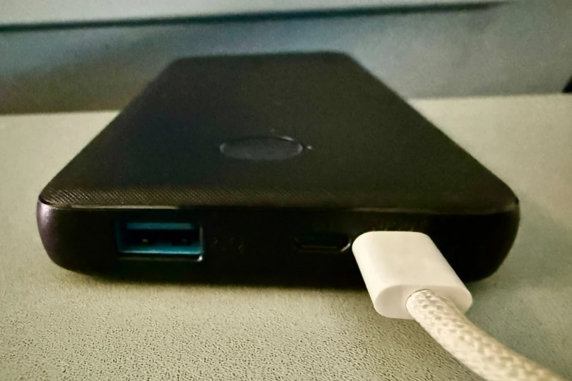 Anker 313 Power Bank close-up of charging ports with cable connected