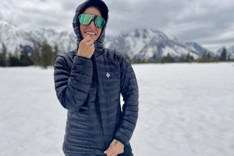 wearing the Black Diamond Deploy Down 0.5 Pullover Hoody