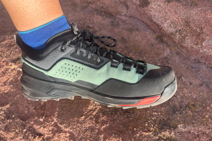 Close side view of Black Diamond Technician Pro Approach Shoe on red rock