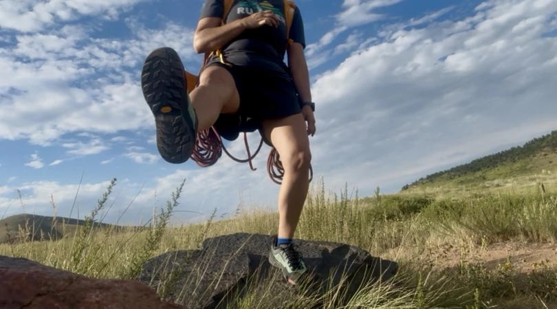 Sole of Black Diamond Technician Pro Approach Shoe visible while stepping forward