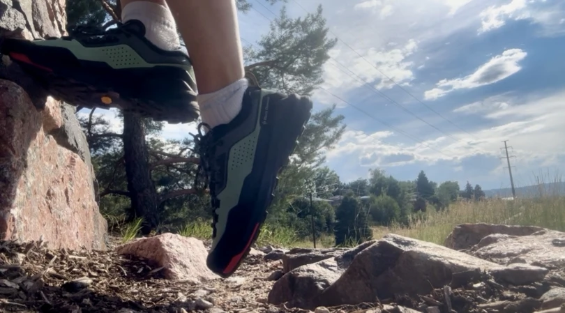 Black Diamond Technician Pro Approach Shoe stepping on rocks outdoors