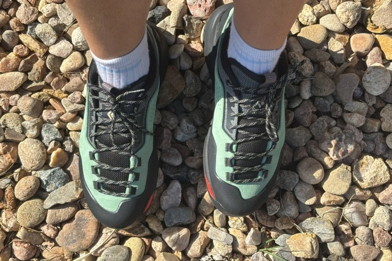 Black Diamond Technician Pro Approach Shoe shown from above on rocky ground