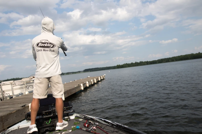 MLF Angler Edwin Evers casting the Berkley Chop Block along a dock.