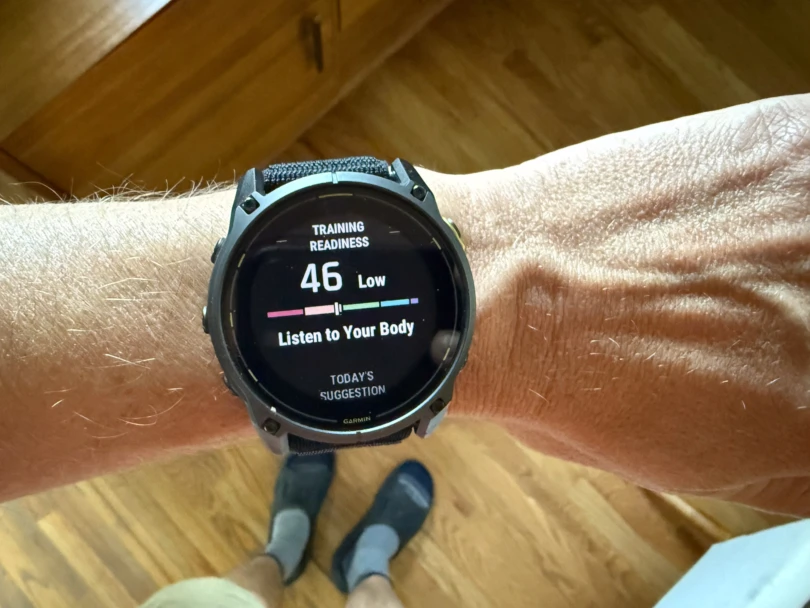 the enduro 3 on the author's wrist, showing the training readiness screen