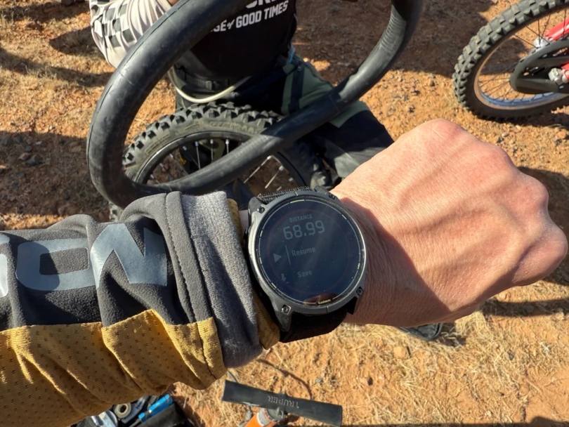 the author wearing the enduro 3 watch while riding motorcycles in baja, mexico