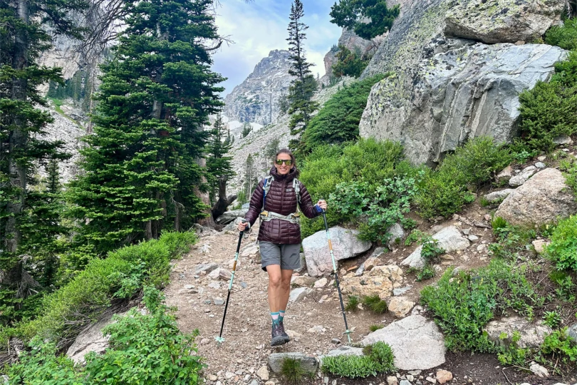 Mountain Hardwear Ghost Whisperer Hoody worn while hiking with trekking poles