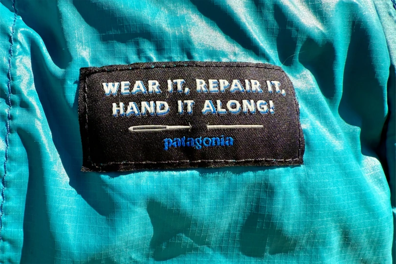 Patagonia Down Sweater Hoody repair and reuse label close-up