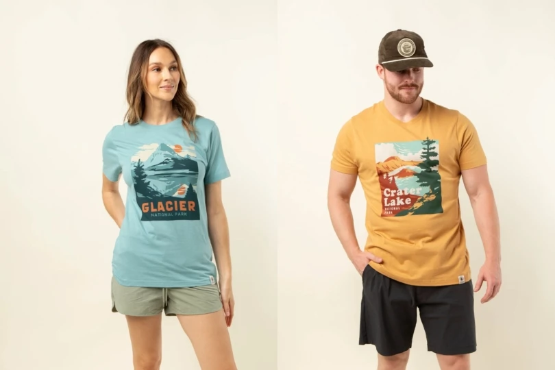 Side by side of woman wearing blue t-shirt and man wearing yellow t-shirt. 