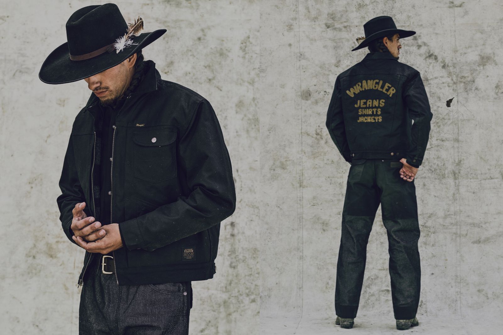 Side by side showing front and back of cowboy wearing all black