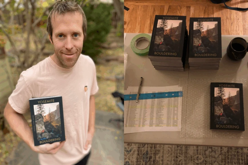 Side by side of person holding guidebook and then a mailing list on a table with guidebooks