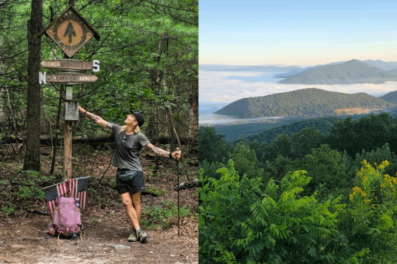 Side by side of woman standing next to AT trail sign and then a photo of mountains. 