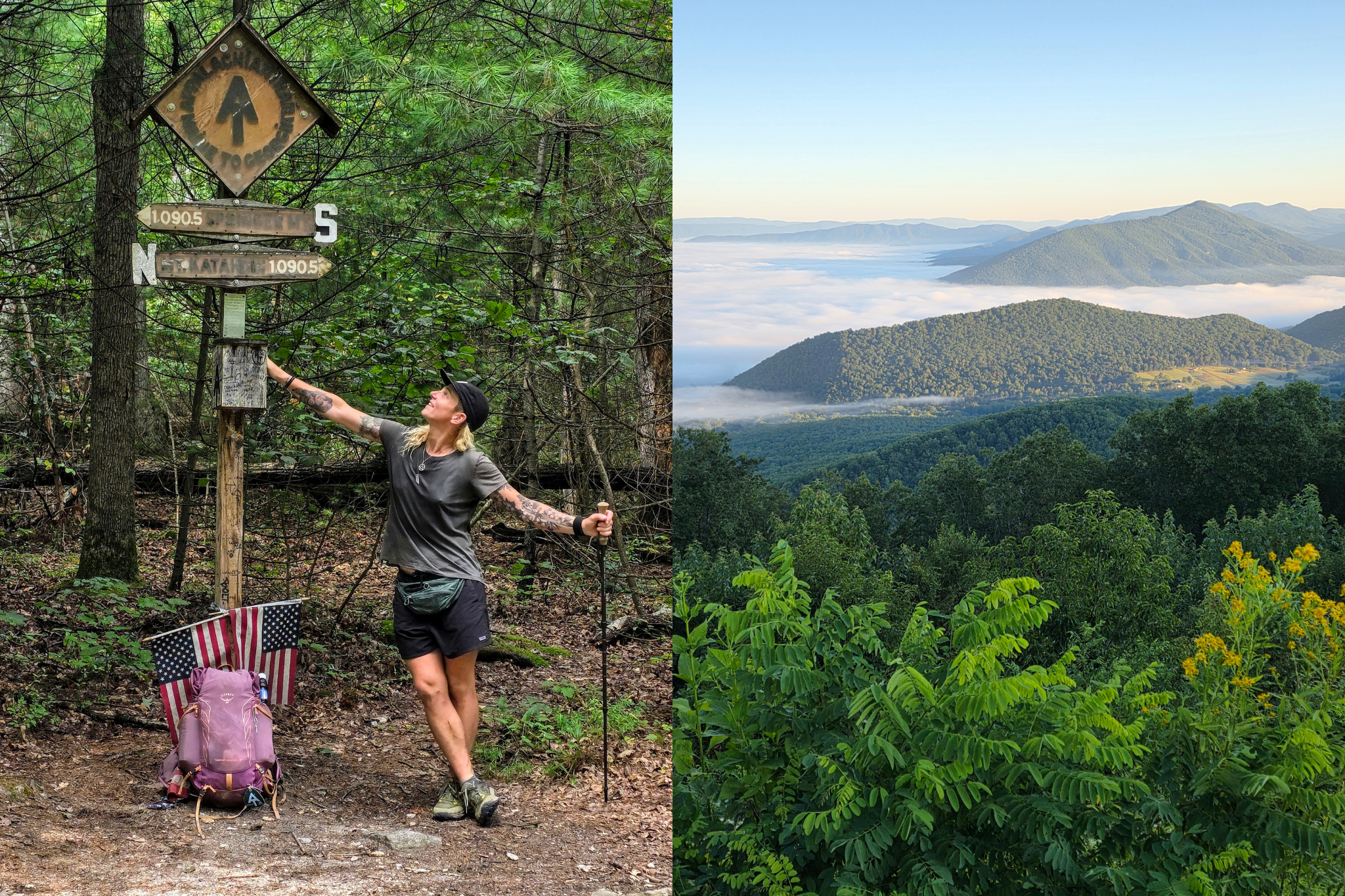 Side by side of woman standing next to AT trail sign and then a photo of mountains.
