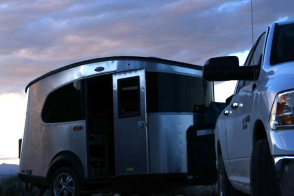 A close-up photo of a teardrop travel trailer.
