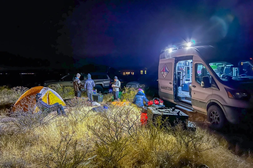 Campervan campsite at night